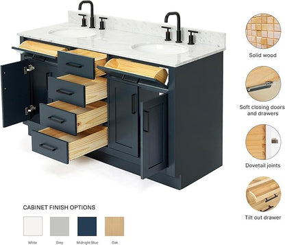ARIEL Hepburn 60-inch Bathroom Vanity with Sink,Solid Wood, 0.75-inch Italian Carrara Marble Countertop, Double Oval Porcelain Sink, 4 Soft Closing Doors, 6 Dovetail Drawers, Midnight Blue
