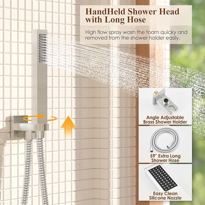 Shower System, 12 Inch Bathroom Shower Faucet Set, Brushed Nickel Shower Head and Handle Set, Shower Faucet with Valve and Shower Trim Kit, High Pressure Rain Shower Head Set, Wall Mounted