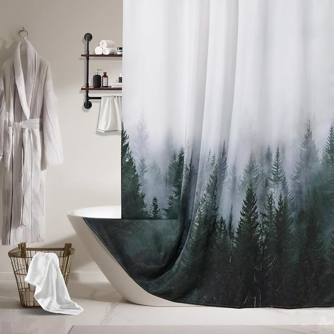 ORTIGIA Dark Green Misty Forest Heavy Duty Shower Curtain for Bathroom, Nature Woodland Shower Curtain Set with Hooks, Decorative Pine Tree Fog Magic Bath Curtain for Home, 70x72