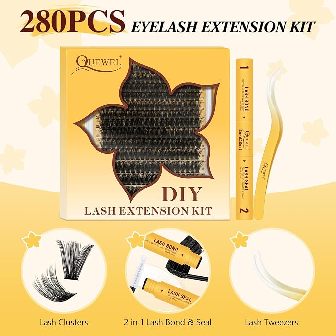 QUEWEL Lash Clusters Kit, 320Pcs 100D Lash Cluster Eyelash Extensions | Mix 12-18mm 3D Eyelash Clusters with Lash Bond and Seal and Lashes Tweezer Easily Create 3D Lashes Clusters at Home(100D Kit)