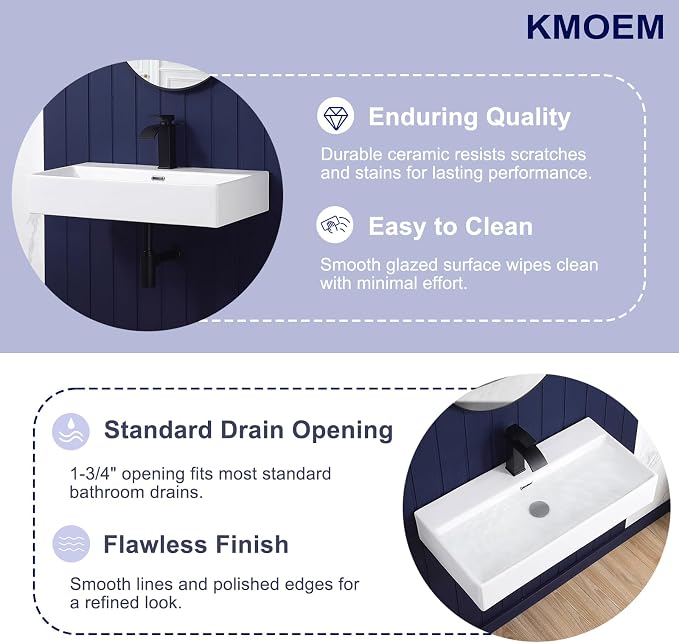 Wall Mount Bathroom Sink 22"x12" Small Vessel Sink Wall Mounted Rectangular Wall Hung Mini White Porcelain Ceramic Floating Tiny Sink with Overflow, Durable, Space-Saving, Ideal for Home,RV