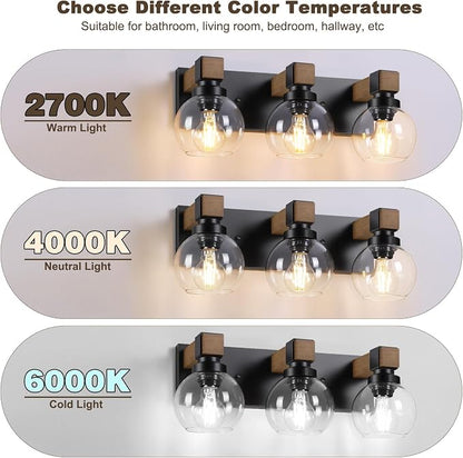 Farmhouse Bathroom Light Fixtures, 3-Light Rustic Wood Bathroom Lights Over Mirror with Glass Globe Shades, Matte Black Wall Mounted Lamp Vanity Lights for Bathroom Bedroom Living Room Cabinet