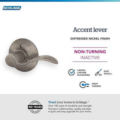 Schlage Accent Lever Non-Turning Lock in Distressed Nickel - Right Handed - F170 ACC 621 RH