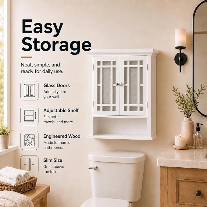 Teamson Home Windsor White Engineered Wood Bathroom Wall Cabinet with Glass Mosaic Doors