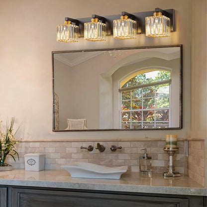 Crystal Black Gold Bathroom Vanity Light, 4-Lights Bathroom Lighting Fixtures Over Mirror Modern Crystal Wall Lighting with Square Shade