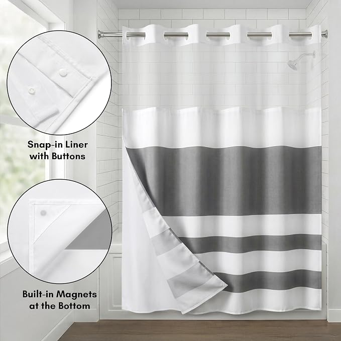 Americanflat 72x75 Hookless Shower Curtain - Water-Resistant Striped Shower Curtain with Sheer Panel, Snap-in Liner, and Durable Grommets - 100% Polyester - Grey and White