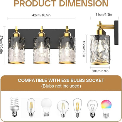 3-Light Bathroom Vanity Light Fixtures, Modern Bathroom Lighting Fixtures Over Mirror with Golden Wave Glass Lampshade, E26 Base Modern Vanity Lighting, Suit for Stairway Bedroom and Hallway