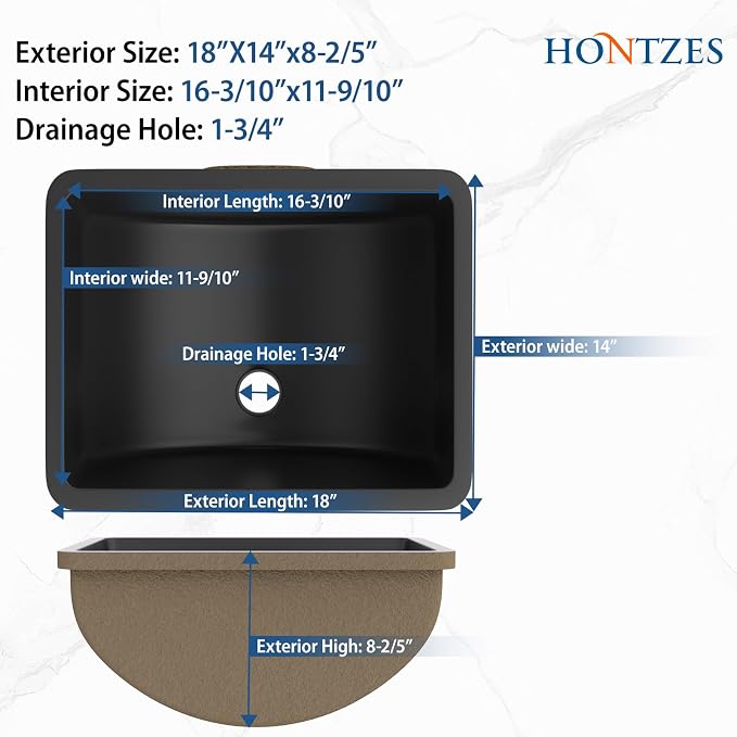 Black Undermount Bathroom Sink 18"x14"Ceramic Basin | Modern Porcelain Under Counter Bathroom Vanity Sink, Interior Bowl 16.3"x 16.9", Rectangular Undermount Basin with Overflow