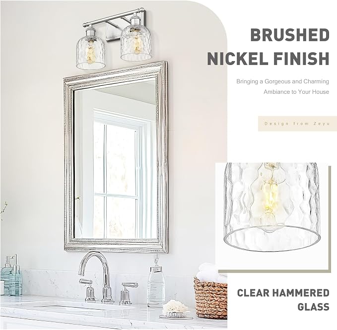 zeyu 14 Inch Modern Vanity Lighting Fixtures, 2 Light Bathroom Vanity Light for Mirror Bedroom, Brushed Nickel Finish with Clear Hammered Glass, ZJF63B-2W BN