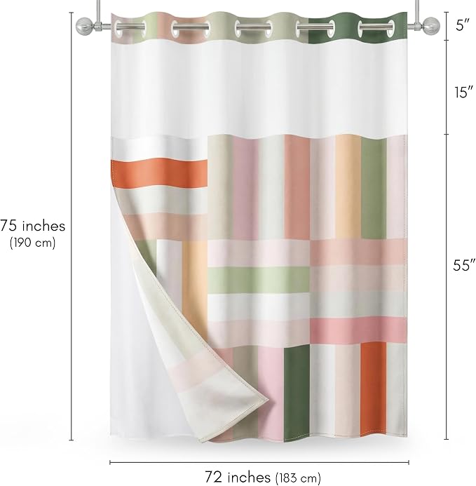 Americanflat 72x75 Hookless Shower Curtain - Water-Resistant Modern Stripe Shower Curtain with Sheer Panel, Snap-In Liner, and Grommets - 100% Polyester - Pink, Sage Green, Terracotta, Peach and White