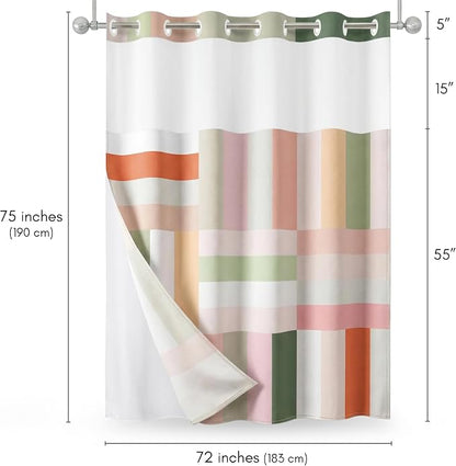 Americanflat 72x75 Hookless Shower Curtain - Water-Resistant Modern Stripe Shower Curtain with Sheer Panel, Snap-In Liner, and Grommets - 100% Polyester - Pink, Sage Green, Terracotta, Peach and White