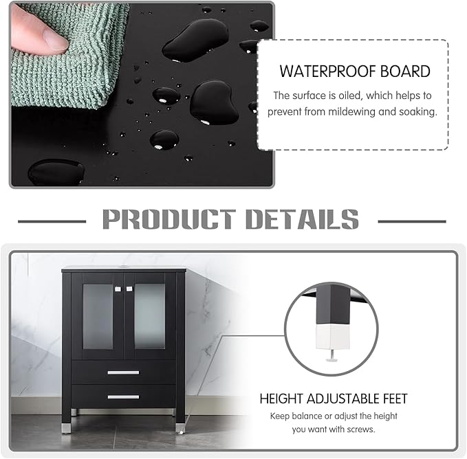 LUCKWIND 60" Double 24" Bathroom Vanity with Sink Combo, Elegant Series with One 12.6-in Side Cabinet, Painted Frame, Including Blue Boat Sinks, Faucets Without Mirrors, Black