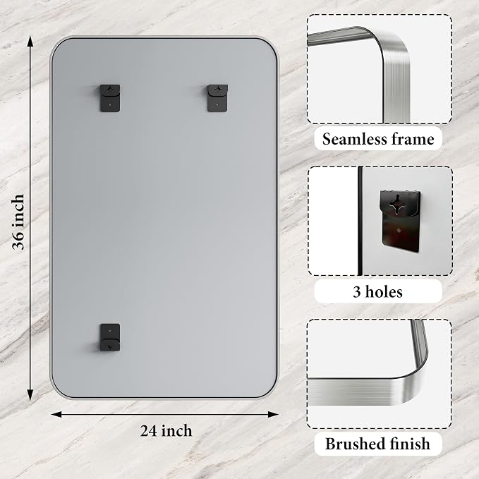 Silver Bathroom Mirrors for Over Sink,24X36 Inch Matte Metal Framed Vanity Rounded Rectangle Vanity Mirror, HD Tempered Glass, Anti-Rust, Horizontally or Vertically Hanging