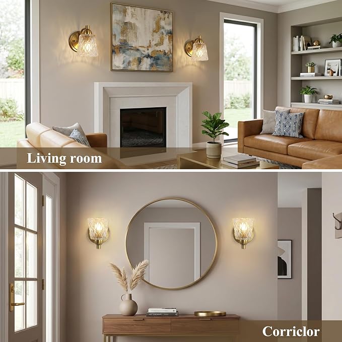 Mecgirn Stainless Steel Bathroom Vanity Light Over Mirror, 1 Light Brushed Gold Bathroom Light Fixtures with Textured Glass Shades, Modern Vanity Lighting Wall Mount
