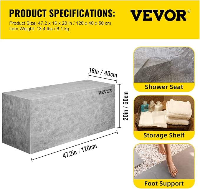 VEVOR Tile Shower Seat, 47.2" x 16" x 20" Ready to Tile Shower Seat, Factory Waterproof & 100% Leak Proof Tileable Shower Corner Seat, 440 lbs Load-Bearing Rectangular Board Shower Bench, Grey