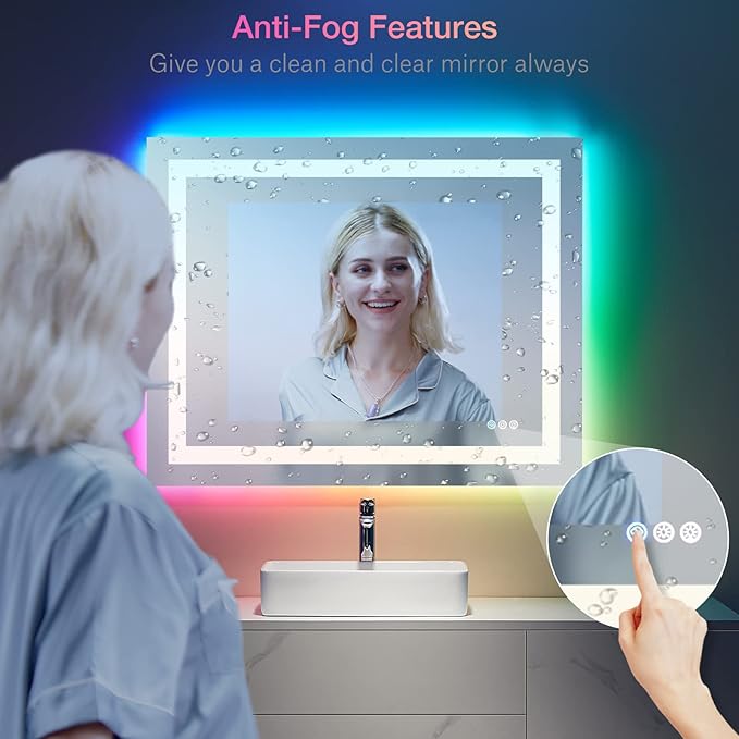 LOAAO 40"X30" RGB LED Bathroom Mirror with Lights, UL Listed | Anti-Fog, Dimmable, RGB Backlit + Front Lighted, Memory Function, Tempered Glass