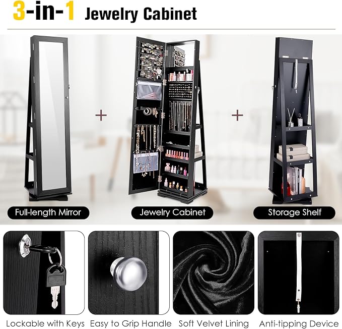 LOKO 360° Rotating Jewelry Armoire, Freestanding Jewelry Cabinet with Inside Makeup Mirror, 2-in-1 Lockable Jewelry Organizer w/Full-Length Mirror for Girls Women (Black)
