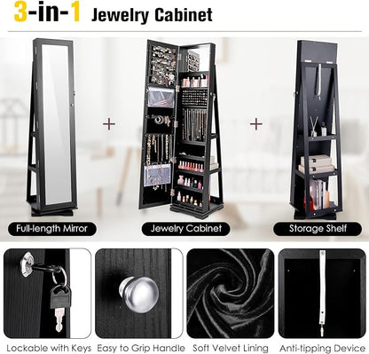 LOKO 360° Rotating Jewelry Armoire, Freestanding Jewelry Cabinet with Inside Makeup Mirror, 2-in-1 Lockable Jewelry Organizer w/Full-Length Mirror for Girls Women (Black)
