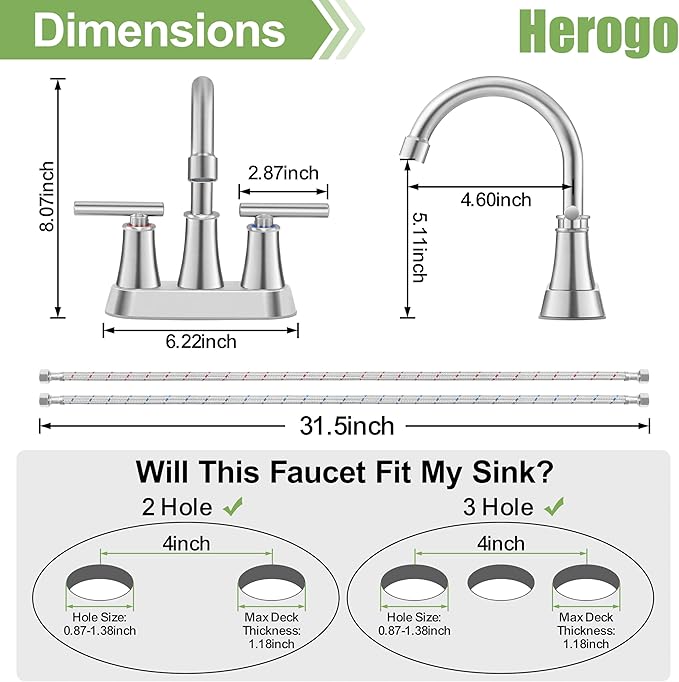 Herogo Bathroom Faucet for Sink 3 Holes Brushed Nickel, 4 Inch 2-Handle Centerset Bathroom Sink Faucet with Pop-Up Drain & Supply Hoses, 18/10 Stainless Steel, for RV Vanity Lavatory
