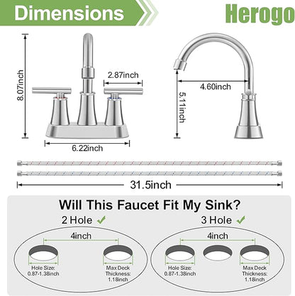 Herogo Bathroom Faucet for Sink 3 Holes Brushed Nickel, 4 Inch 2-Handle Centerset Bathroom Sink Faucet with Pop-Up Drain & Supply Hoses, 18/10 Stainless Steel, for RV Vanity Lavatory