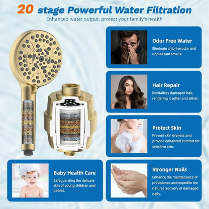 Hibbent 5-spray Dual Filtered Rainfall Shower Head with 10 Spray Handheld | High Pressure 13'' Showerhead Combo, Easy Reach 4-way Diverter Arm with Pause Mode, 71'' Hose & Holder, Brushed Gold