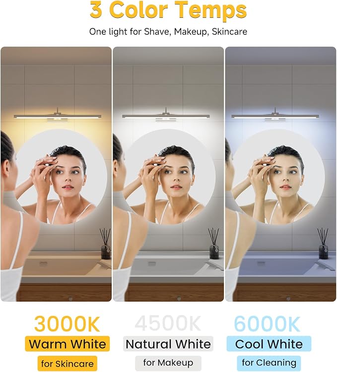 Rechargeable Wireless Bathroom Vanity Light Brushed Nickel 24 inch | 10000mAh Rechargeable Vanity Bathroom Light, with 1 Detachable Battery, Dimmable, Rotatable, 3CCT for Bathroom Mirror