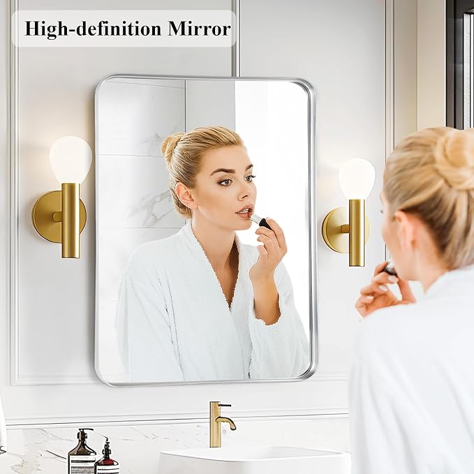 Silver Bathroom Vanity Mirror Over Sink 24x30, Wall Mounted Chrome Mirror | Fabuday Matte Metal Brushed Nickel Framed Rectangle Mirror for Living Room, Bedroom, Entryway Decor, Wall Mounted