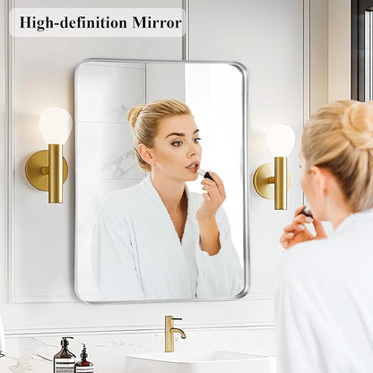 Silver Bathroom Vanity Mirror Over Sink 24x30, Wall Mounted Chrome Mirror | Fabuday Matte Metal Brushed Nickel Framed Rectangle Mirror for Living Room, Bedroom, Entryway Decor, Wall Mounted