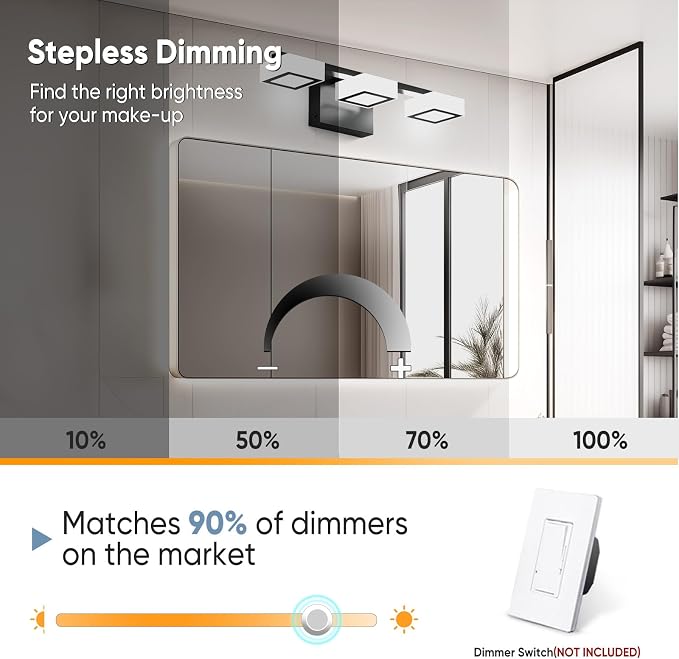 LED Modern Bathroom Light Fixtures Over Mirror, 3-Light Dimmable Vanity Lights, Matte Black Acrylic Bathroom Vanity Light, 2700K-6500K Adjustable, ETL Certificated