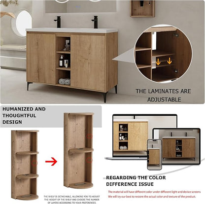 Freestanding Bathroom Vanity, 48" Bathroom Storage Cabinet with Double Resin Sinks, 2 Soft-Close Doors & 3 Open Storage Shelves, Floor Vanity with Extra Three-Layer Spacious Shelves, Oak