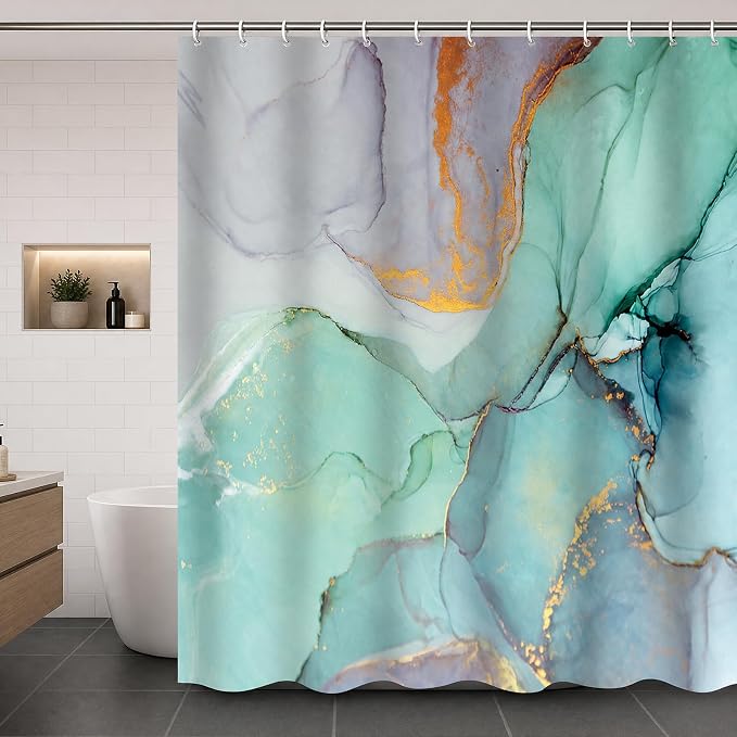 Teal Marble Shower Curtain Blue Green Purple Abstract Ink Art Texture Modern Turquoise Ombre Aesthetic Bathroom Decor Waterproof Fabric Bath Curtain 72 x 72 Inch with 12 Hooks