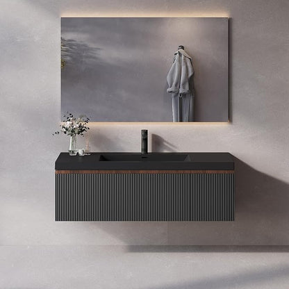 48'' Floating Bathroom Vanity with Sink Combo, Modern Wall-Mounted Striped Bathroom Storage Cabinet with Soft-Close Drawers and Black Quartz Sand Basin, No Assembly Required
