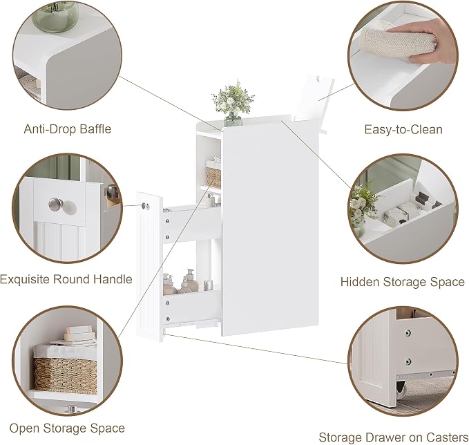 ChooChoo Slim Bathroom Storage Cabinet with Slide Out Drawers | Narrow Storage Organizer with Hidden Storage, Freestanding Toilet Paper Holder, Bathroom Cabinet for Small Places, White
