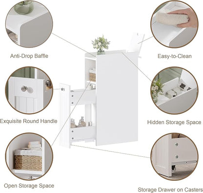 ChooChoo Slim Bathroom Storage Cabinet with Slide Out Drawers | Narrow Storage Organizer with Hidden Storage, Freestanding Toilet Paper Holder, Bathroom Cabinet for Small Places, White