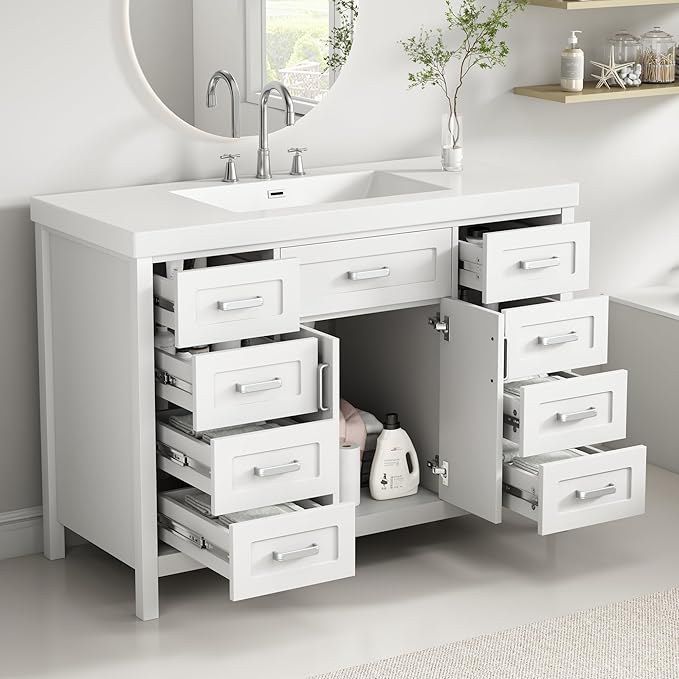 Harper & Bright Designs 48" Bathroom Vanity Set with Sink, Free Standing Single Basin Vanity Set with 2 Soft-Close Doors and 8 Drawers, Wood Storage Cabinet with Resin Basin for Bathroom, White