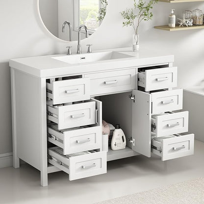 Harper & Bright Designs 48" Bathroom Vanity Set with Sink, Free Standing Single Basin Vanity Set with 2 Soft-Close Doors and 8 Drawers, Wood Storage Cabinet with Resin Basin for Bathroom, White