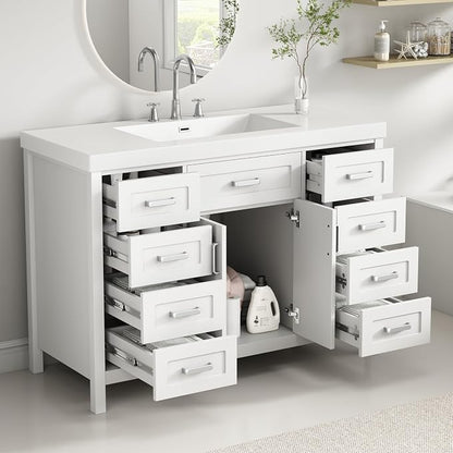 48" Single Bathroom Vanity with Sink Combo, Modern Bathroom Sink Cabinet with 2 Soft Closing Doors and 8 Drawers, Wood Vanity Set with Resin Basin, Freestanding, White