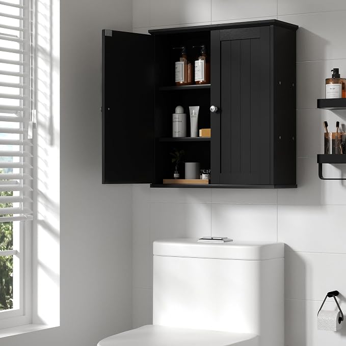 Shintenchi Bathroom Wall Medicine Cabinet, Over The Toilet Storage, Black | Bathroom Storage Organizer Cupboard, with 2 Magnet Door and 3-Tier Shelves, Space Saving, Easy to Assemble & Clean