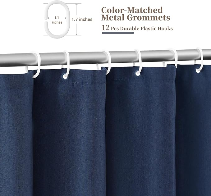 BTTN 72x84 Shower Curtain, Extra Long Scalloped Linen Textured Thick Cloth Shower Curtain Set with 12 Hooks, Tall Unique Elegant Decorative Waterproof Fabric Shower Curtains for Bathroom - Navy Blue