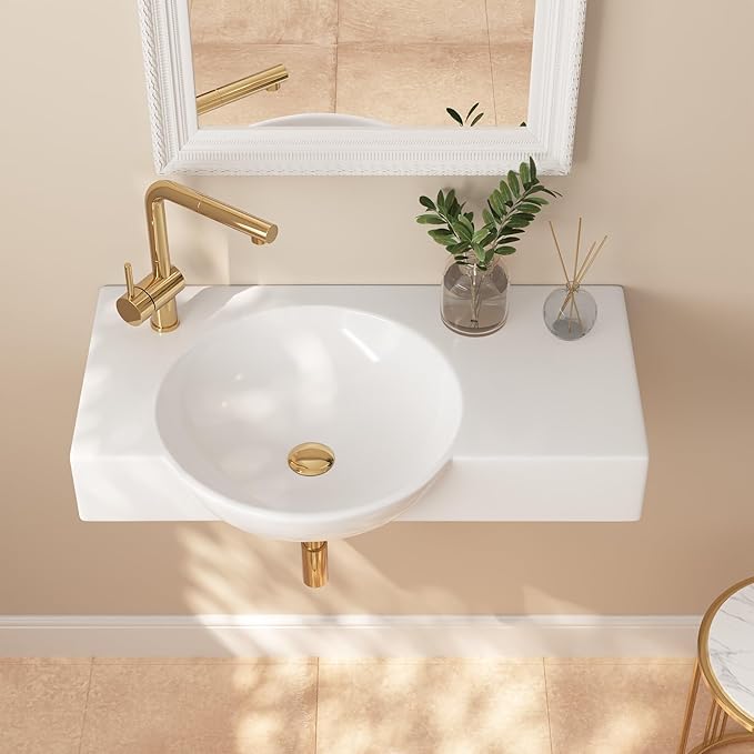 DeerValley 30x18 Inch Wall-Mounted Bathroom Sink, White Ceramic Floating Vessel Sink with Left-Side Faucet Hole and Overflow, Model DV-1WS0125L