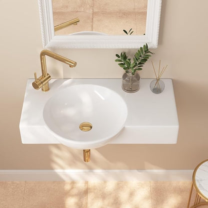 DeerValley 30x18 Inch Wall-Mounted Bathroom Sink, White Ceramic Floating Vessel Sink with Left-Side Faucet Hole and Overflow, Model DV-1WS0125L