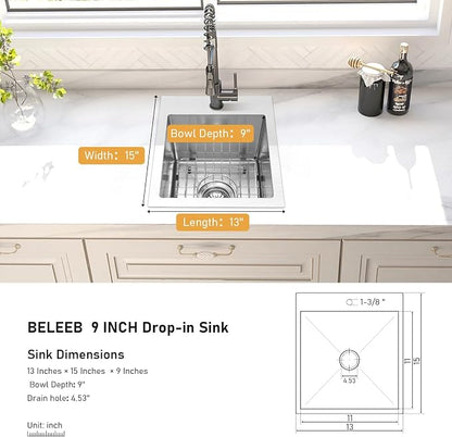 Drop-in Bar Sink 13"x15" Single Bowl: 3D Micro-pebble Embossed | 18-Gauge Stainless Steel Sink, 9" Deep, Top Mount, Anti-Condensation, for RV, Kitchenette