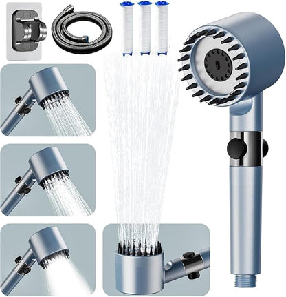 Filtered Shower Head with Handheld, High Pressure Showerhead | 4 Spray &Pause Switch Upgraded Anti-clog Nozzles for Shower Head with 59" Explosion-Hose & Bracket for Hard Water & Pets,Blue