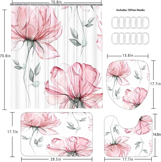 4-Piece Pink Flowers Shower Curtain Set Floral Leaves Bathroom Set with Shower Curtain and Rugs, Pink White Minimalist Bath Curtain with Hooks for Modern Home Decor