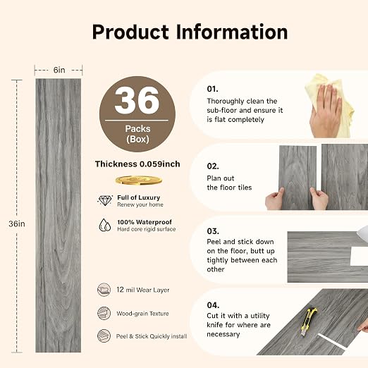INMOZATA 36-Pack Peel and Stick Floor Tile Vinyl Flooring (Grayish) | 54 Sq.Ft, Waterproof, Heat-resistant, Wood Grain, Strong Adhesive, DIY Flooring for Bedroom Living Room Bathroom Kitchen RV