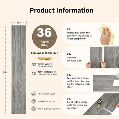 INMOZATA 36-Pack Peel and Stick Floor Tile Vinyl Flooring (Grayish) | 54 Sq.Ft, Waterproof, Heat-resistant, Wood Grain, Strong Adhesive, DIY Flooring for Bedroom Living Room Bathroom Kitchen RV