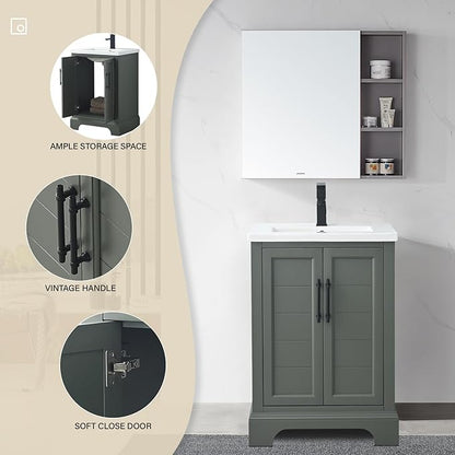 HOMEBEYOND 24 Inch Bathroom Vanity with Single Sink & Ceramic Top, Vanity Cabinet with Center Countertop Basin, Soft-Closing Doors,Vintage Green