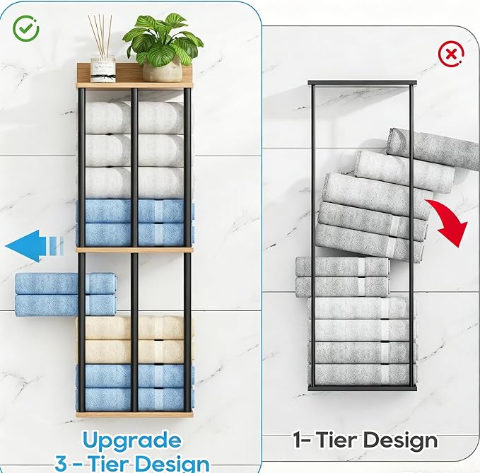 Towel Racks for Bathroom Wall Mounted with Wooden Storage Shelf | Updated 3 Bar Metal Towel Holder for Rolled Towels, Sturdy and Large Capacity, Towel Storage Organizer