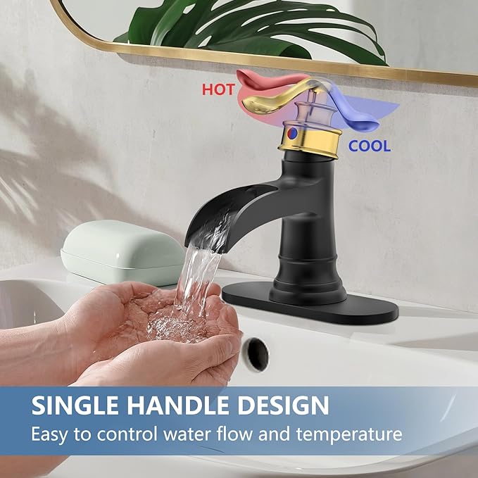 Homevacious Bathroom Faucet Black and Gold Waterfall Bathroom Sink Faucets with Single Handle Rustic Vanity Farmhouse RV Faucet Suitable for 1 or 3 Holes with Pop-up Drain Deck Plate Hose