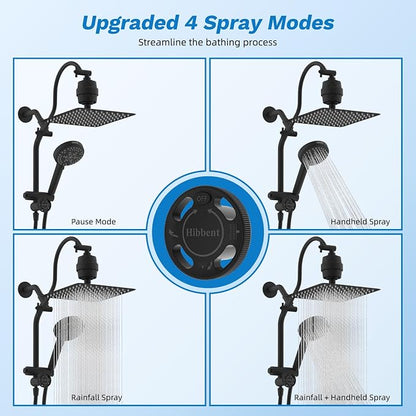 Hibbent 10" Dual Filtered 10" Rainfall Shower Head with Handheld 10-Spray | High Pressure Metal Matte Black Showerhead Combo with Filter, Extension Arm with 4-way Diverter, 71'' Shower Hose & Holder